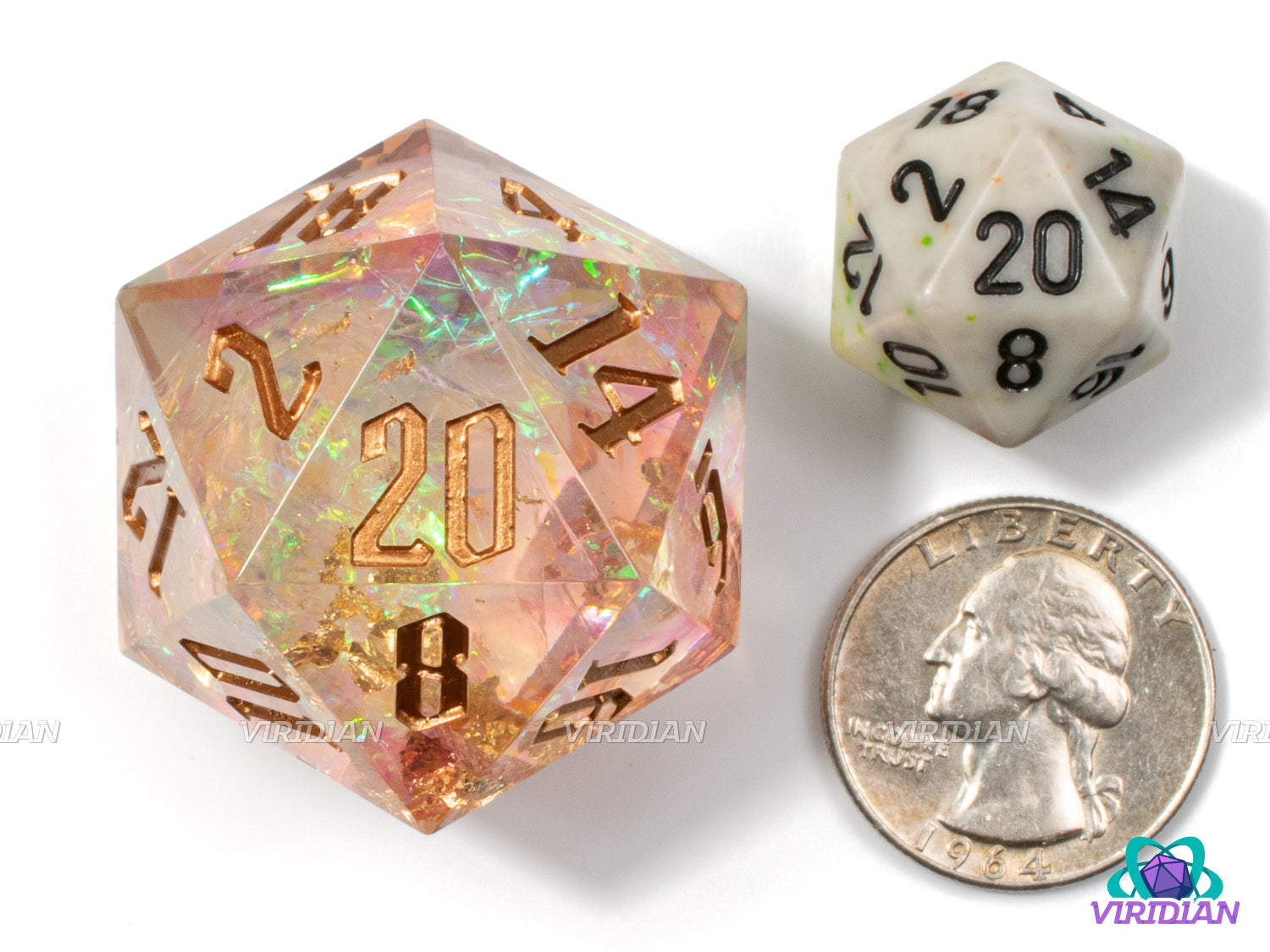 Divine Halo (D20) | Sharp Edged, Translucent Pink-White, Gold Foil, Glitter, Holographic Film, 33mm | Large Resin D20 Die (1)