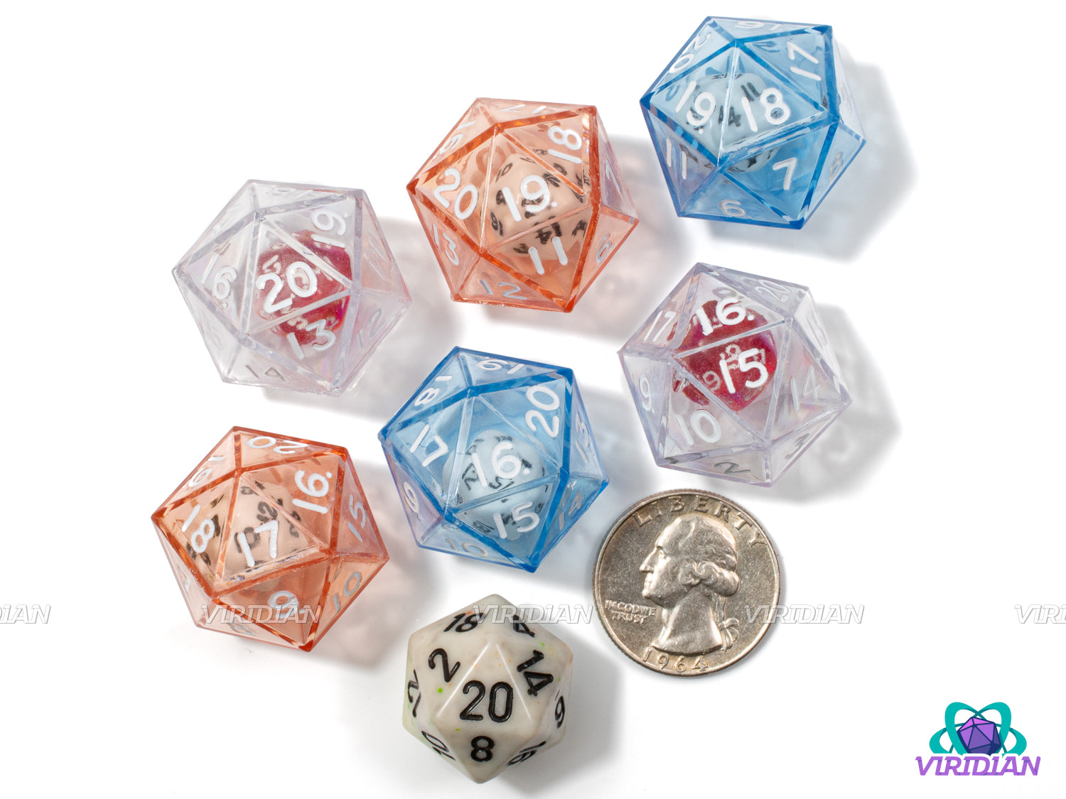 Advantage Disadvantage Double D20s | (6) Acrylic Translucent Multicolor D20 Dice With Smaller D20 Inside