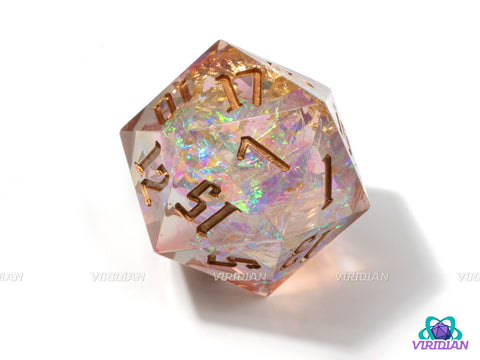 Divine Halo (D20) | Sharp Edged, Translucent Pink-White, Gold Foil, Glitter, Holographic Film, 33mm | Large Resin D20 Die (1)