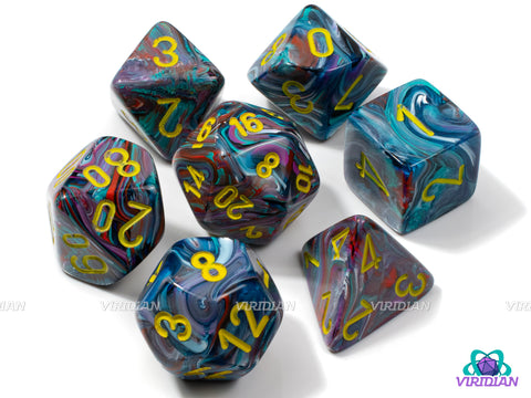 Mega-Hedral Festive Mosaic/Yellow (Black Light Reactive) | 22-28mm Giant Blue, Purple, Red Swirls, Glow In The Dark | Acrylic Dice Set (7)