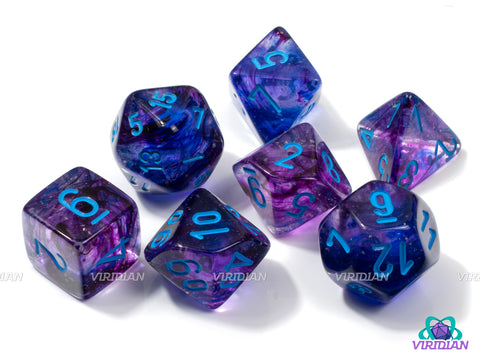 Mega-Hedral Nebula Nocturnal/Blue (Luminary Effect) | 22-28mm Giant Purple and Blue Swirls, Glow In The Dark | Acrylic Dice Set (7)