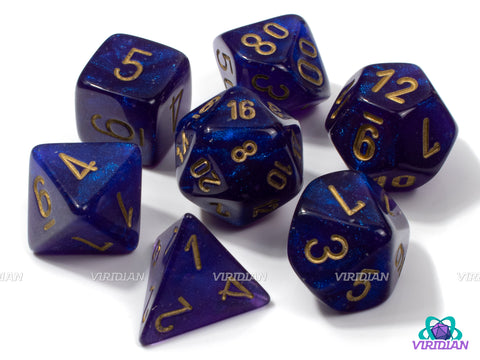 Mega-Hedral Borealis Royal Purple/Gold (Luminary) | 22-28mm Giant Glittery Purple, Glow In The Dark | Acrylic Dice Set (7)