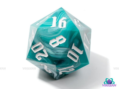 Turquoise Behemoth (D20) | Blue, Turquoise, White, Swirled, 55mm, Sharp-Edge Giant Acrylic D20 Die (1)