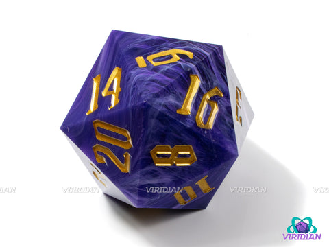 Mystic Vortex (D20) | Purple, White, Swirled, Gold Ink, Sharp-Edge, 55mm Giant Acrylic D20 Die (1)