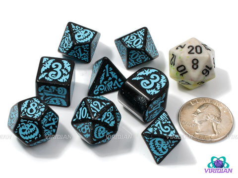 Q-Workshop 20th Anniversary: Halloween | Glittery Back & Turquoise-Blue | Acrylic Dice Set (7)