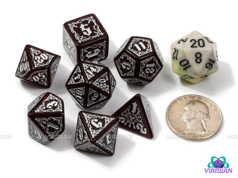 Bloodsucker: Scarlet | Shimmering Crimson Red & Silver, Vampire Theme | Acrylic Dice Set (7)