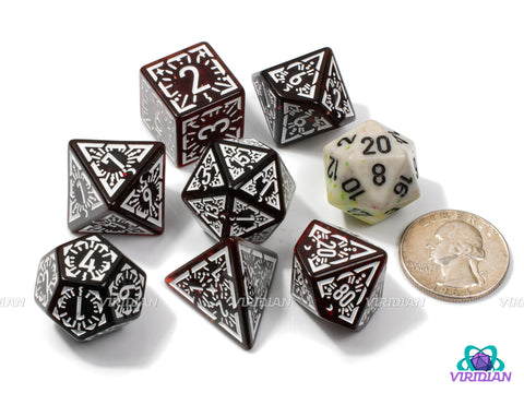 Crimson Glyphs | Dark Red, Translucent, White Ornate Design | Acrylic Dice Set (7)