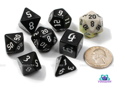Gothic Black (White Ink) | Acrylic Polyhedral Dice (7)
