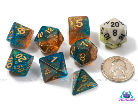 Turquoise Honey | Cerulean Blue, Amber Orange, Swirled, Glittery | Acrylic Dice Set (7)