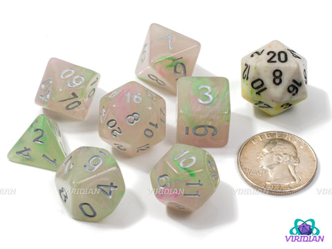 Sprite Garden | Ethereal Lime Green Jade, Light Pink Swirls | Acrylic Dice Set (7)