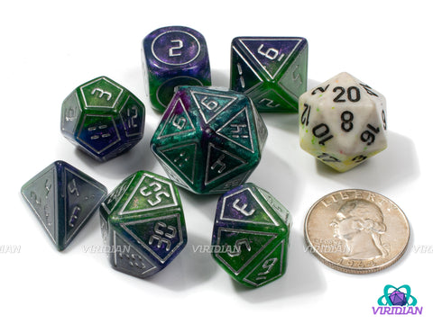 Another Dimension (Silver) | Purple-Blue & Green-Black, Glittery, Digital Gold Font w Accents | Resin Dice Set (7)