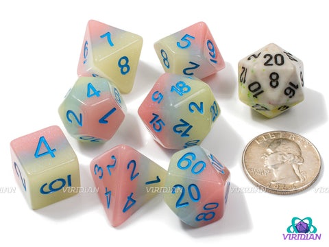 Iced Primaries (Shiny) | Pastel Blue, Pink and Yellow-Green Layers, Slight Glisten, Purple Ink | Resin Dice Set (7) (Copy)