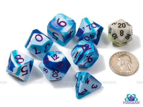 Glacial Melt (Silicone) | Dark-Blue, Light-Blue, White, Layered, Bouncy, Soft, Corner Cut | Silicone Dice Set (7) (Copy)