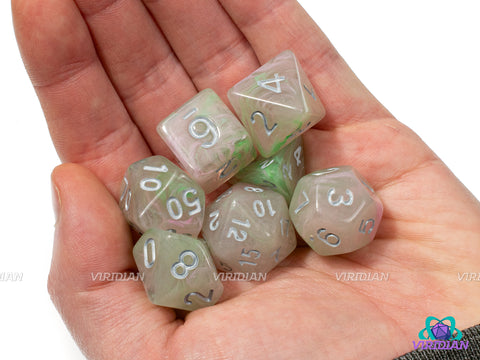 Sprite Garden | Ethereal Lime Green Jade, Light Pink Swirls | Acrylic Dice Set (7)