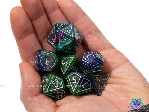 Another Dimension (Silver) | Purple-Blue & Green-Black, Glittery, Digital Gold Font w Accents | Resin Dice Set (7)