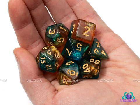 Turquoise Honey | Cerulean Blue, Amber Orange, Swirled, Glittery | Acrylic Dice Set (7)