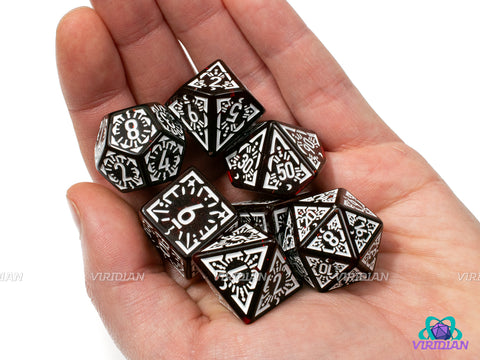 Crimson Glyphs | Dark Red, Translucent, White Ornate Design | Acrylic Dice Set (7)