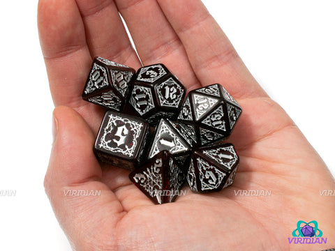 Bloodsucker: Scarlet | Shimmering Crimson Red & Silver, Vampire Theme | Acrylic Dice Set (7)