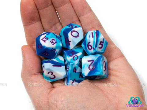 Glacial Melt (Silicone) | Dark-Blue, Light-Blue, White, Layered, Bouncy, Soft, Corner Cut | Silicone Dice Set (7) (Copy)