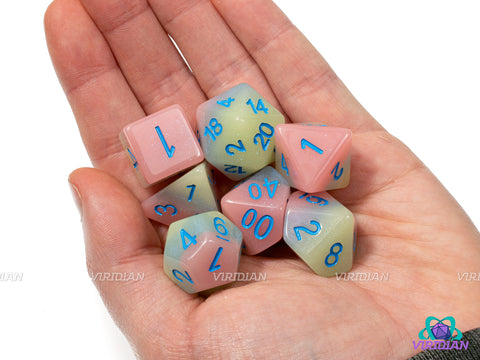 Iced Primaries (Shiny) | Pastel Blue, Pink and Yellow-Green Layers, Slight Glisten, Purple Ink | Resin Dice Set (7) (Copy)