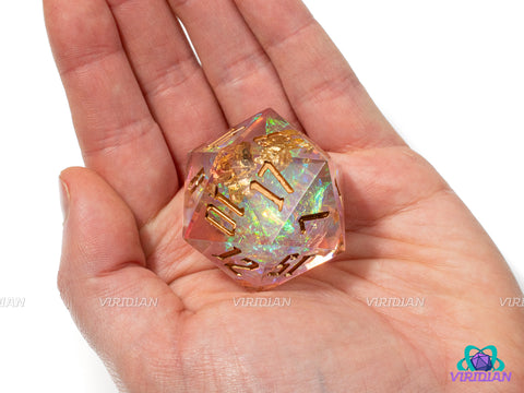 Divine Halo (D20) | Sharp Edged, Translucent Pink-White, Gold Foil, Glitter, Holographic Film, 33mm | Large Resin D20 Die (1)