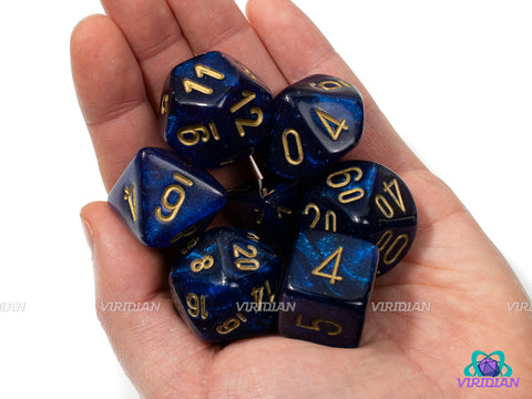 Mega-Hedral Borealis Royal Purple/Gold (Luminary) | 22-28mm Giant Glittery Purple, Glow In The Dark | Acrylic Dice Set (7)