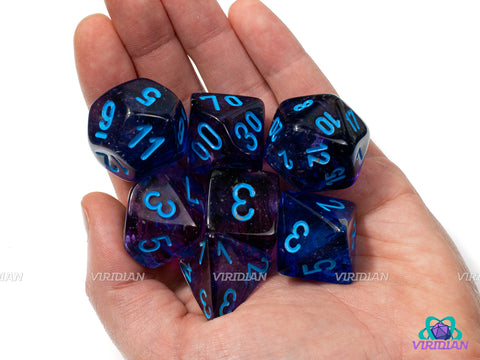 Mega-Hedral Nebula Nocturnal/Blue (Luminary Effect) | 22-28mm Giant Purple and Blue Swirls, Glow In The Dark | Acrylic Dice Set (7)