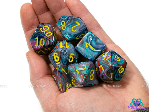 Mega-Hedral Festive Mosaic/Yellow (Black Light Reactive) | 22-28mm Giant Blue, Purple, Red Swirls, Glow In The Dark | Acrylic Dice Set (7)