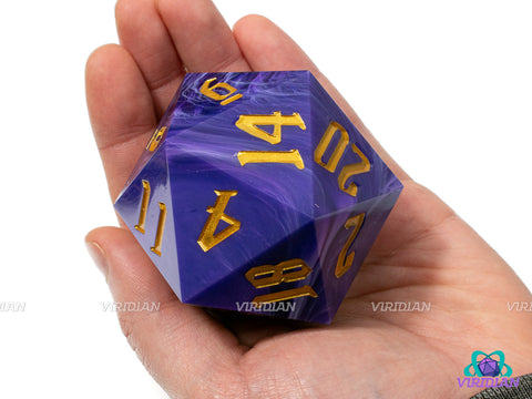 Mystic Vortex (D20) | Purple, White, Swirled, Gold Ink, Sharp-Edge, 55mm Giant Acrylic D20 Die (1)