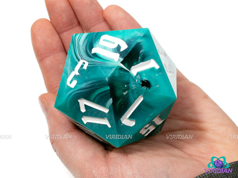 Turquoise Behemoth (D20) | Blue, Turquoise, White, Swirled, 55mm, Sharp-Edge Giant Acrylic D20 Die (1)