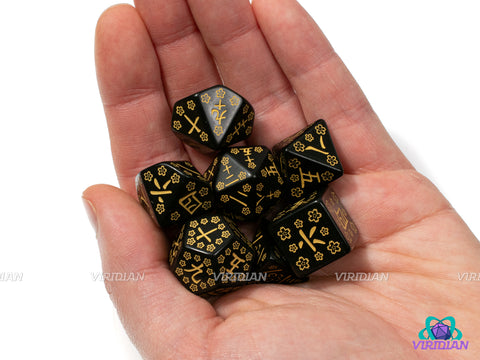 Deep Night Firefly | Black & Gold Kanji Japanese Design | Q Workshop | Acrylic Dice Set (7)