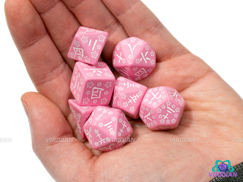 Sweet Spring Memory | Pink & White Kanji Japanese Dice Set (7) | Q Workshop