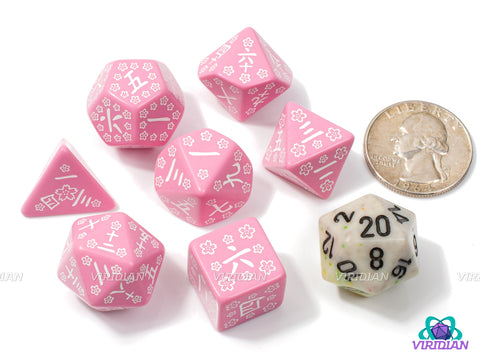 Sweet Spring Memory | Pink & White Kanji Japanese Dice Set (7) | Q Workshop