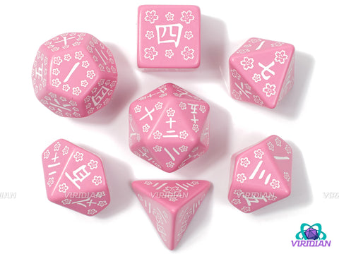 Sweet Spring Memory | Pink & White Kanji Japanese Dice Set (7) | Q Workshop