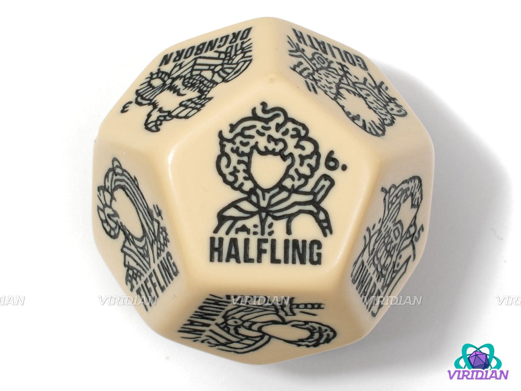 Cream tan Character: Race/Species Generator Die displaying 'Halfling' face, part of a D&D racial fantasy dice set for TTRPGs.