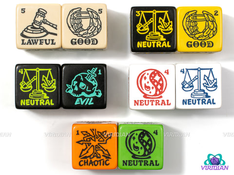 Alignment Dice (Set of 2) | Morality/Ethics & Law/Code, Lawful/Neutral/Choas & Good/Neutral/Evil Generator D6s | (2) Oversized Acrylic D6