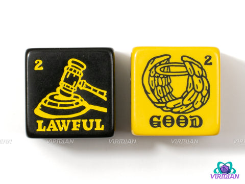 Alignment Dice (Set of 2) | Morality/Ethics & Law/Code, Lawful/Neutral/Choas & Good/Neutral/Evil Generator D6s | (2) Oversized Acrylic D6