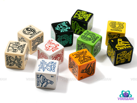 Alignment Dice (Set of 2) | Morality/Ethics & Law/Code, Lawful/Neutral/Choas & Good/Neutral/Evil Generator D6s | (2) Oversized Acrylic D6