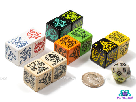 Alignment Dice (Set of 2) | Morality/Ethics & Law/Code, Lawful/Neutral/Choas & Good/Neutral/Evil Generator D6s | (2) Oversized Acrylic D6