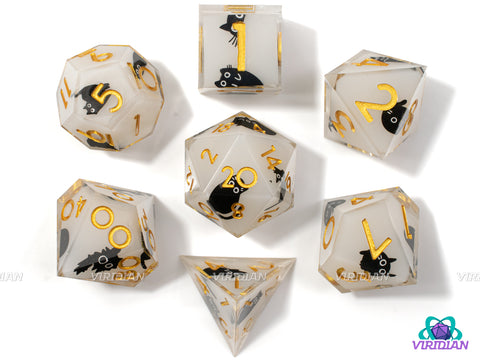 Into The Void |  Black Cat Dice, Smokey White, Cow, Gold Ink, Sharp Edge | Resin Dice Set (7)