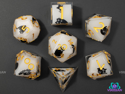 Into The Void |  Black Cat Dice, Smokey White, Cow, Gold Ink, Sharp Edge | Resin Dice Set (7)