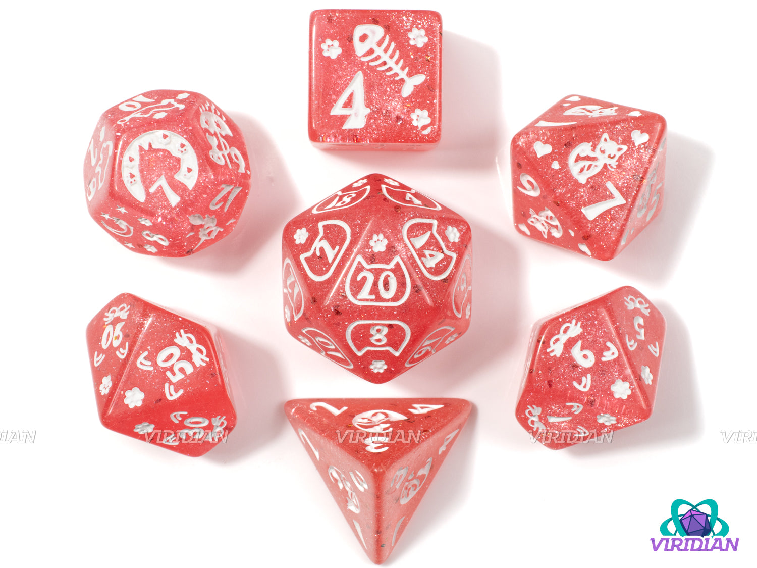 Pink Kitty | Translucent Bubble Gum Pink, White Ink, Cat Themed | Acrylic Dice Set (7)