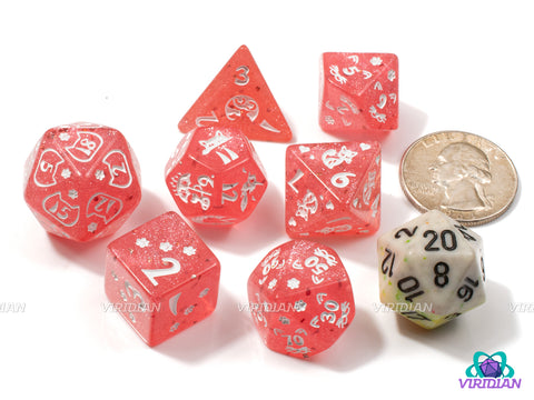 Pink Kitty | Translucent Bubble Gum Pink, White Ink, Cat Themed | Acrylic Dice Set (7)