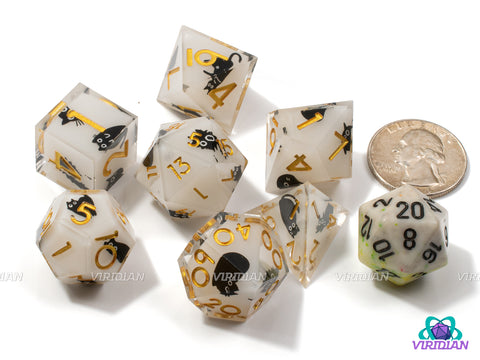 Into The Void |  Black Cat Dice, Smokey White, Cow, Gold Ink, Sharp Edge | Resin Dice Set (7)