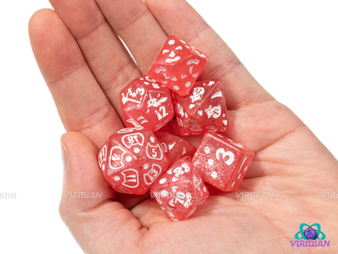 Pink Kitty | Translucent Bubble Gum Pink, White Ink, Cat Themed | Acrylic Dice Set (7)