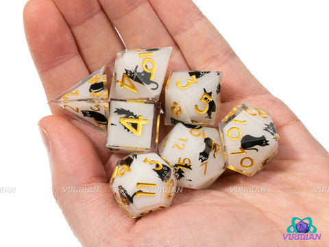 Into The Void |  Black Cat Dice, Smokey White, Cow, Gold Ink, Sharp Edge | Resin Dice Set (7)