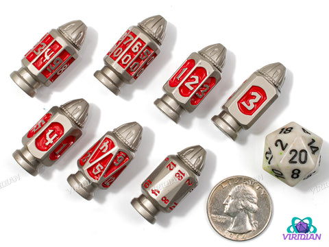 Six-Shooter (Silver & Bright Red) | Matte Silver w Enamel, Faux Bullet Ornate Shape | Metal Dice Set (7)