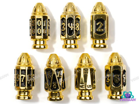 Six Shooter (Gold & Black) | Shiny Bright Yellow-Gold & Black Enamel, Faux Bullet Ornate Shape | Metal Dice Set (7)