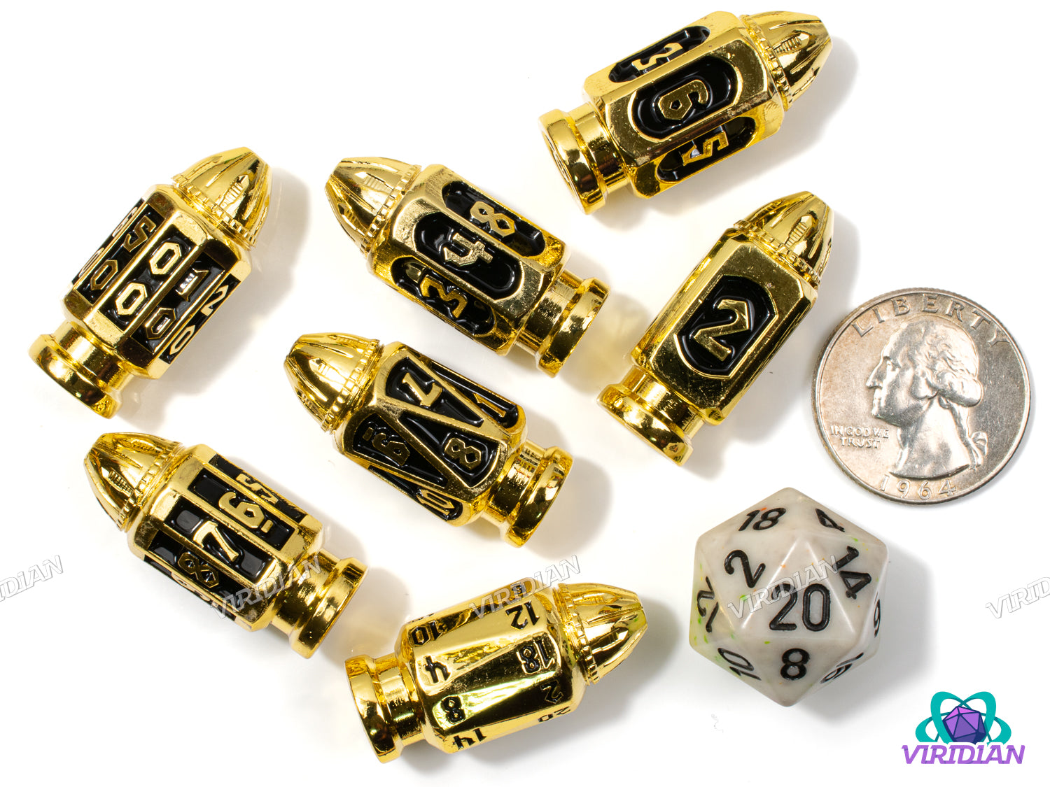 Six Shooter (Gold & Black) | Shiny Bright Yellow-Gold & Black Enamel, Faux Bullet Ornate Shape | Metal Dice Set (7)