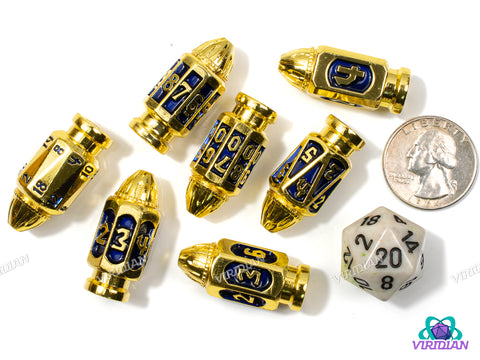 Six Shooter (Gold & Navy Blue) | Shiny Bright Yellow-Gold & Dark Blue Enamel, Faux Bullet Ornate Shape | Metal Dice Set (7)